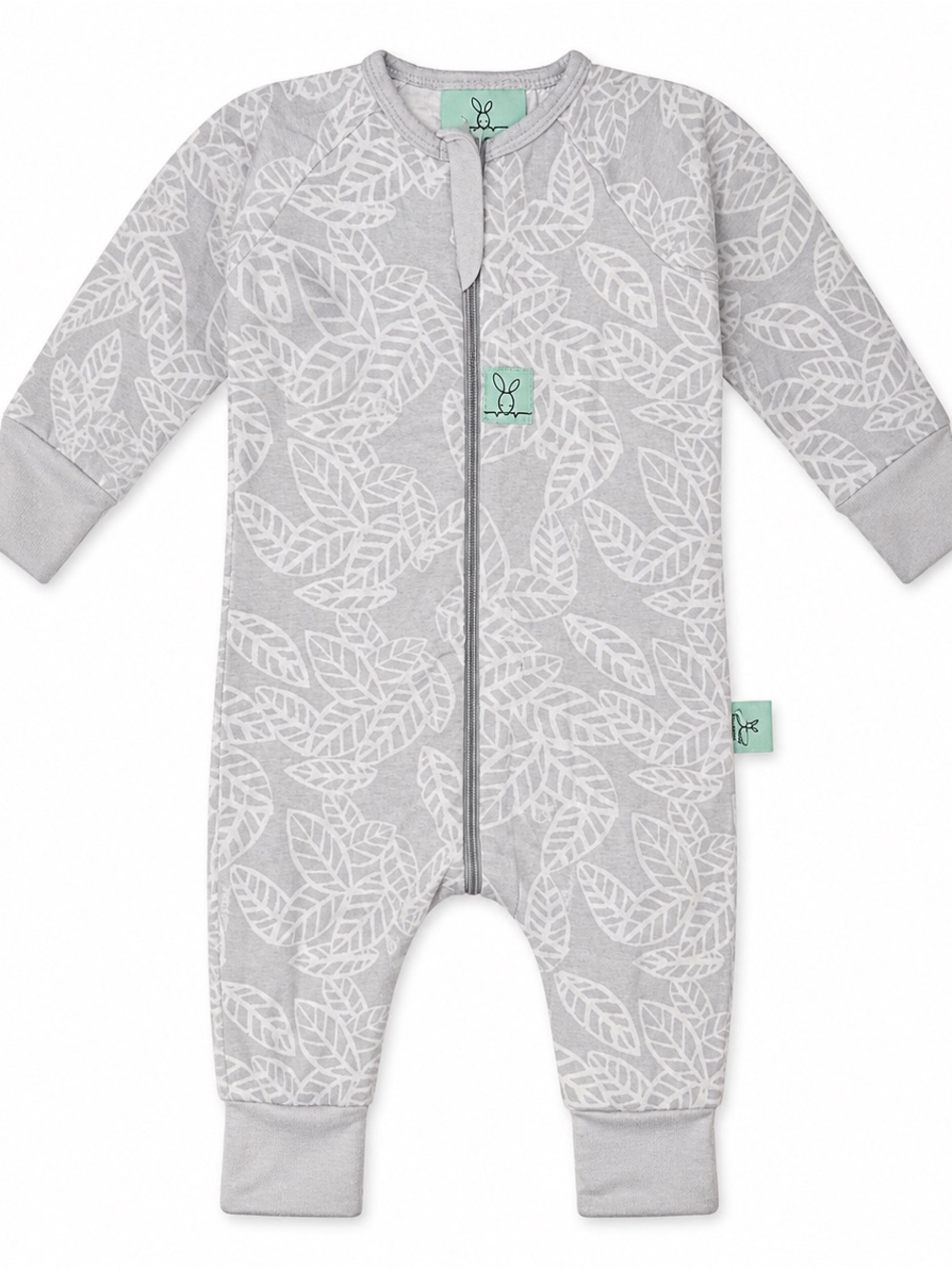 Grey Leaf-Print Baby One-Piece Footie with Front Zipper